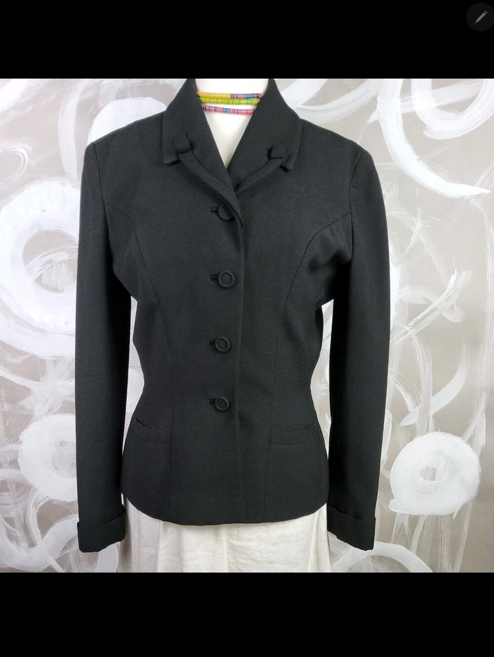 VTG BETTY ROSE Wmns S/M 1950s Black Wool Fit'd Jacket Detailed Collar RetroCore